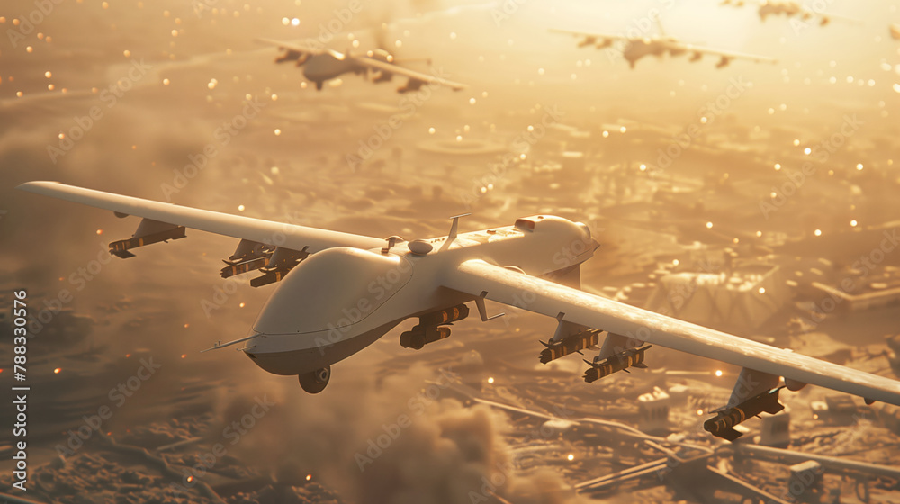 A military scene with white multiple military combat drones flying through the air over enemy territory. The ruined city is below - obrazy, fototapety, plakaty 