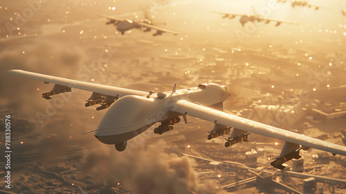 A military scene with white multiple military combat drones flying through the air over enemy territory. The ruined city is below