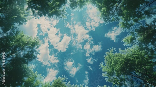 Carbon Neutrality Concept: Sky & Trees from Below hyper realistic 