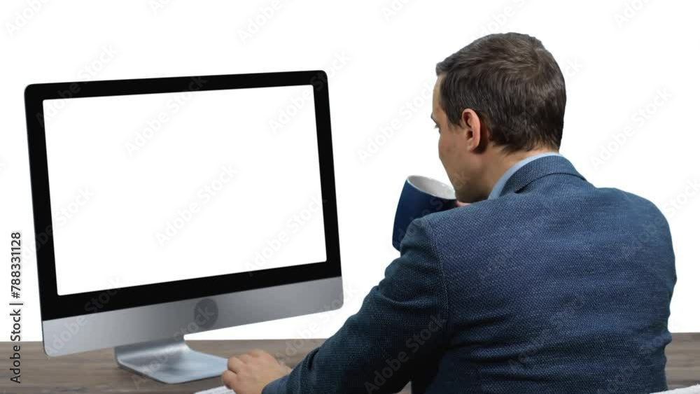 Businessman working on computer with mock-up monitor on transparent background, Full HD footage with alpha transparency channel Businessman working on computer with mock-up monitor on transparent background, Full HD footage with alpha transparency channel