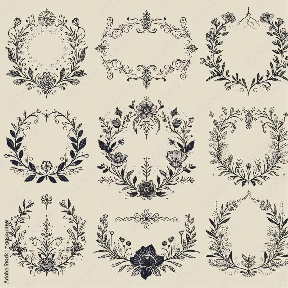 Set of hand drawn floral frames dividers vector image - obrazy, fototapety, plakaty 