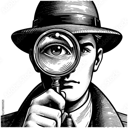 detective with a magnifying glass, focusing intently on a clue sketch engraving generative ai fictional character PNG illustration. Scratch board imitation. Black and white image.