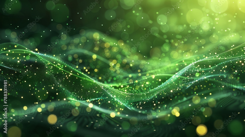 Green and gold glowing particles form into an undulating wave. Green and gold glowing particles form into an undulating wave.
