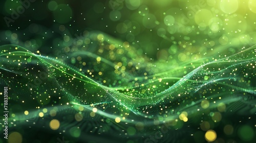 Green and gold glowing particles form into an undulating wave.