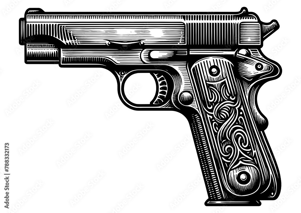 Pistol handgun weapon with ornate engravings sketch engraving generative ai PNG illustration. Scratch board imitation. Black and white image.