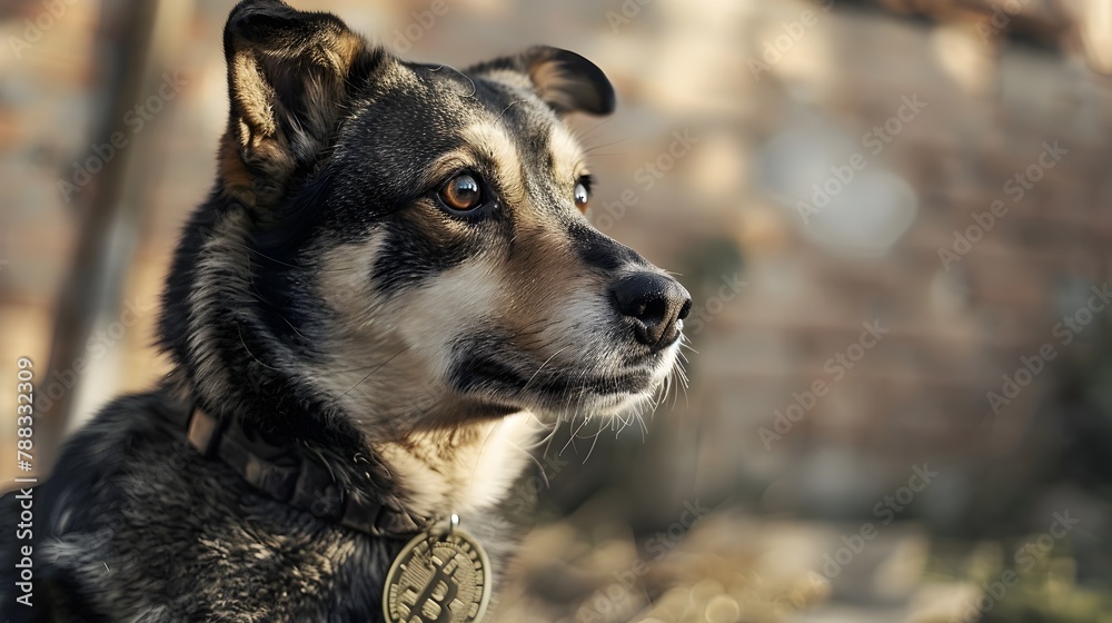 Playful Dog Wearing Bitcoin Cryptocurrency Collar in Outdoor Nature Setting