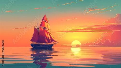 A beautiful seascape with a red-sailed ship at sunset.