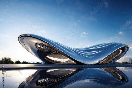 Fluid Metallic Futuristic Sculptural Architecture Against Blue Sky