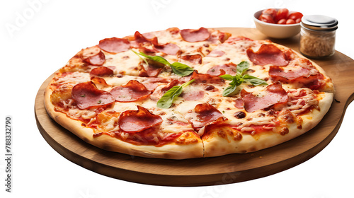 A realistic photo of a delicious looking pizza with pepperoni on top, placed on a wood plate against a white background