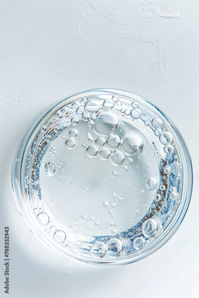Vertical Close up Clear liquid cosmetic product. Gel texture with bubbles, skin care prodict. Vertical Close up Clear liquid cosmetic product. Gel texture with bubbles, skin care prodict.
