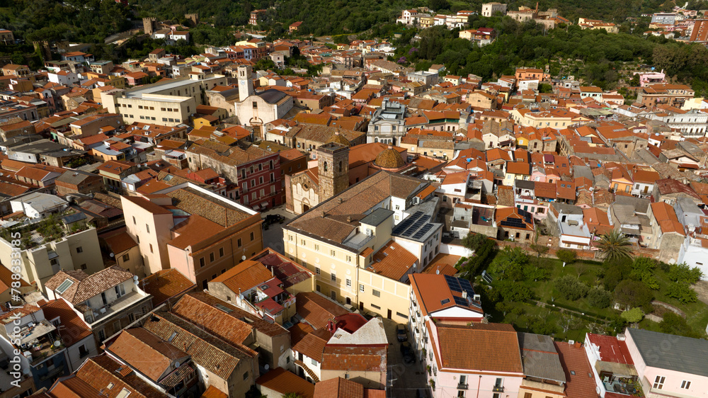 Aerial view of the Cathedral of Santa Chiara in the historic center of Iglesias, in Sardinia, Italy. It is the main church in the city and the only cathedral in the world dedicated to Clare of Assisi.
