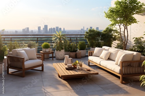 Modern terrace with sofa, coffee table and plant. 3d rendering