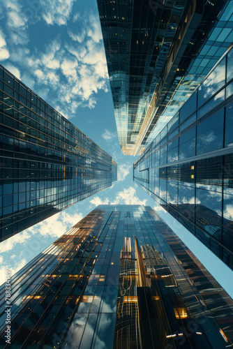 Vertical From below of entrance of office building next to contemporary high rise structures with glass mirrored walls.