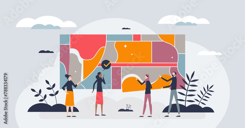Diversity or inclusion training for multicultural company tiny person concept. Acceptance or integration learning for diverse community in corporate environment vector illustration. Unity and quality