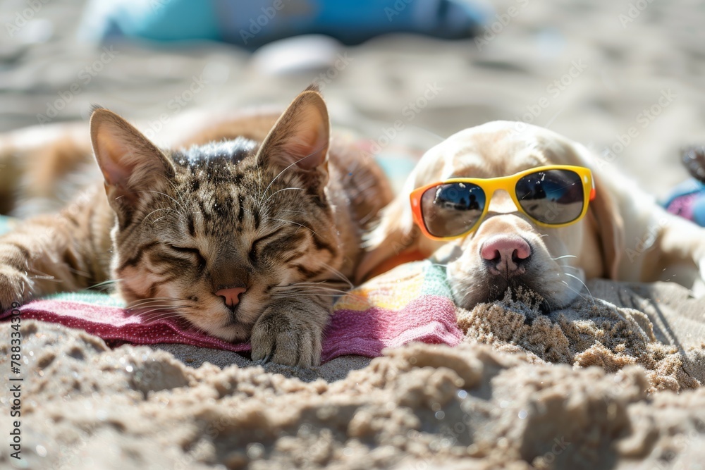 Fototapeta premium Cat and dog with sunglasses relaxing on beach towel