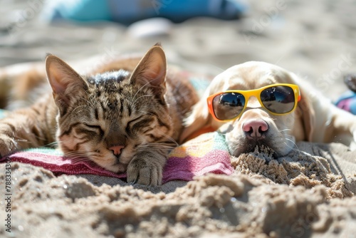 Cat and dog with sunglasses relaxing on beach towel © Photocreo Bednarek