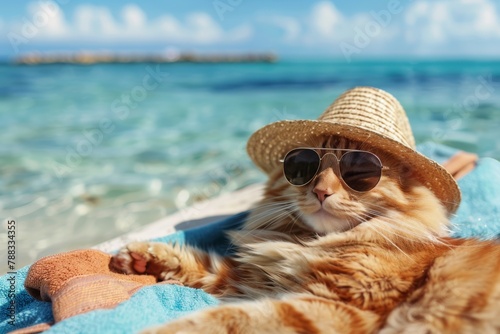 Orange tabby cat in sunglasses and straw hat chilling on beach