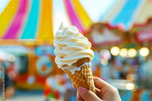 Soft serve vanilla ice cream cone at carnival