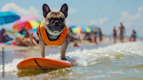 French bulldog surfing in ocean wearing a bright orange life jacket © Photocreo Bednarek