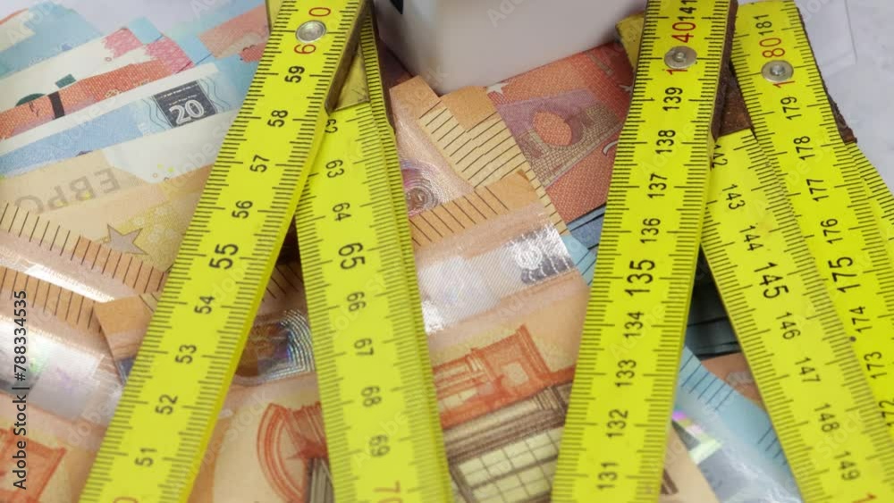 Mètre pliant, maison et billets de banque, en gros plan.