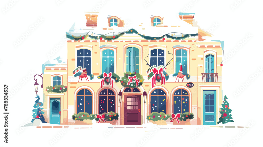 Winter house with Christmas holiday decoration. Europ