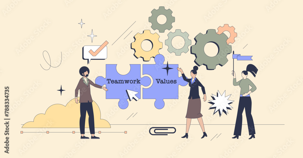 Employee engagement from teamwork and values neubrutalism tiny person concept. Work motivation and satisfaction from company leadership and loyalty vector illustration. Business staff management.