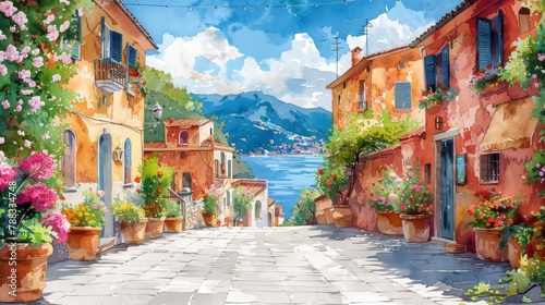 watercolor style illustration of small authentic Italy street