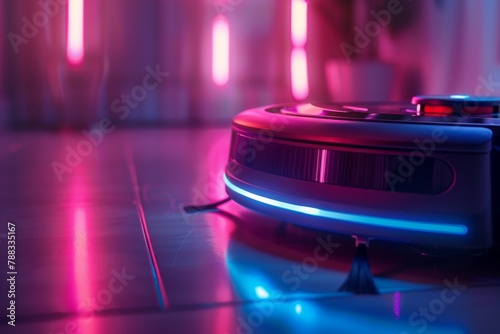 Neon robot vacuum cleaner in interior