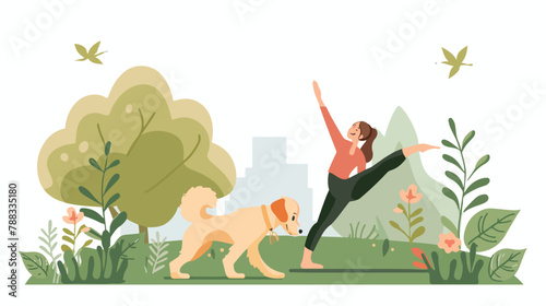 Woman doing yoga exercise with cute dog outdoors. Hap