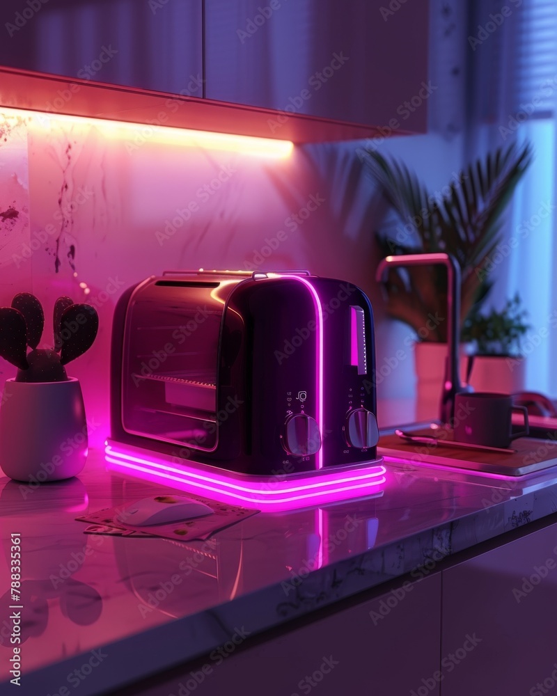 Neon toaster glowing on kitchen countertop - obrazy, fototapety, plakaty 