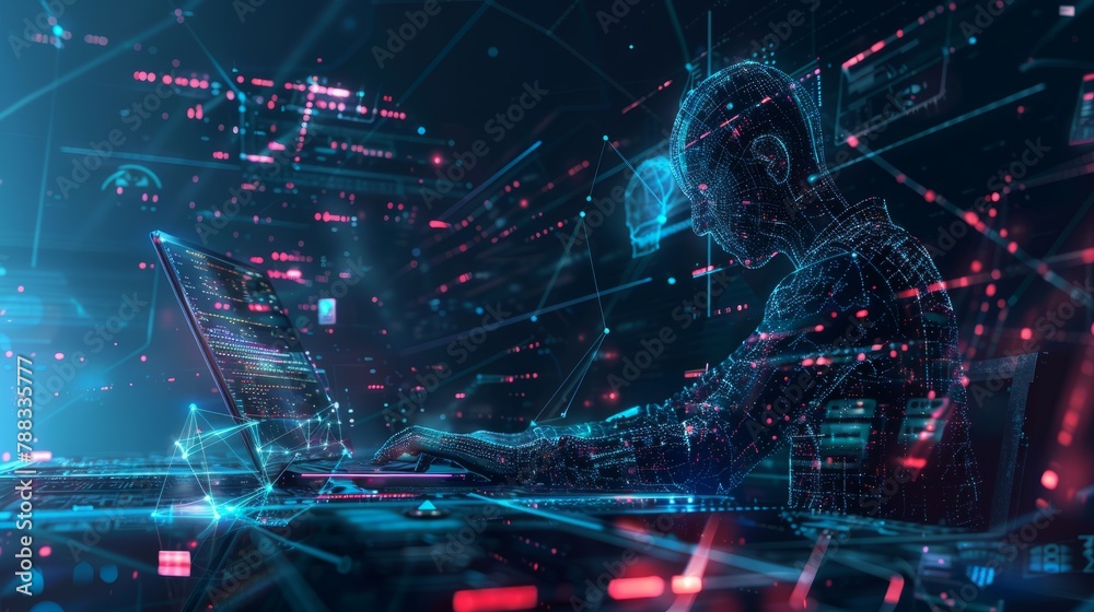 Obraz premium Internet of Things (IoT) idea, digital software development, background in future technology Man utilizing laptop and digital tablet with connectivity to the internet and computer code. Generative AI