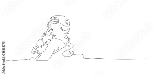 Continuous Line Art of Motherhood, Carry baby, Happy Mother day card, one line drawing, parent and child silhouette hand drawn. Vector illustration