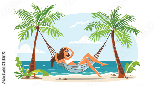 Woman relaxing in hammock on beach sea resort on summ