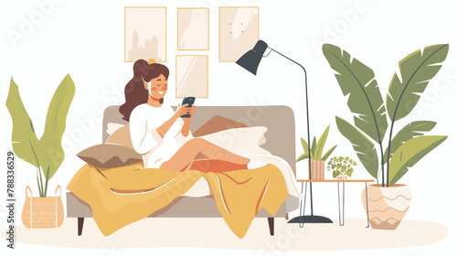 Woman using mobile phone and clicking likes in bed in
