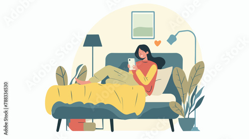 Woman using mobile phone and clicking likes in bed in
