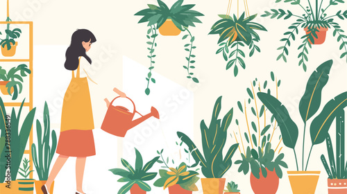 Woman watering plants at home balcony garden with gre