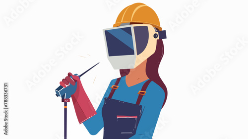 Woman welder with metal mask and welding tool. Indust