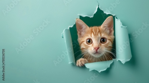 Kitten peeks out through hole in the paper