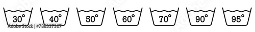 Machine wash temperature icon. Water temperature set vector sign for clothing label. Wash at 30, 40, 50, 60, 70, 80, 90 C symbol.