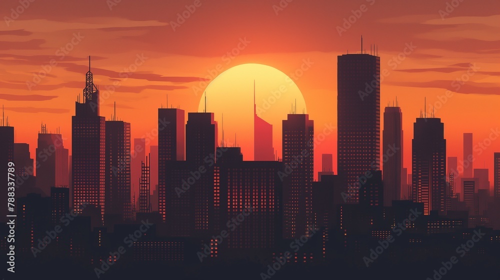 A minimalist depiction of urban architecture, featuring sleek skyscrapers silhouetted against a fiery sunset sky, casting long shadows over the bustling city streets below.