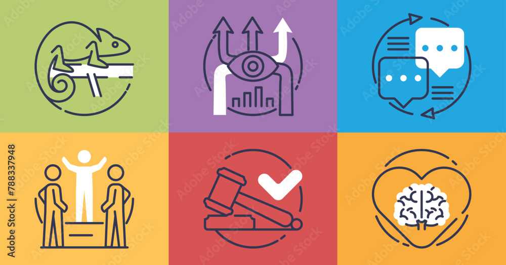 © VectorMine - Leadership development with skills and ability growth outline grid concept. Adaptability, vision and effective teamwork communication as key factors for strong business leader vector illustration.