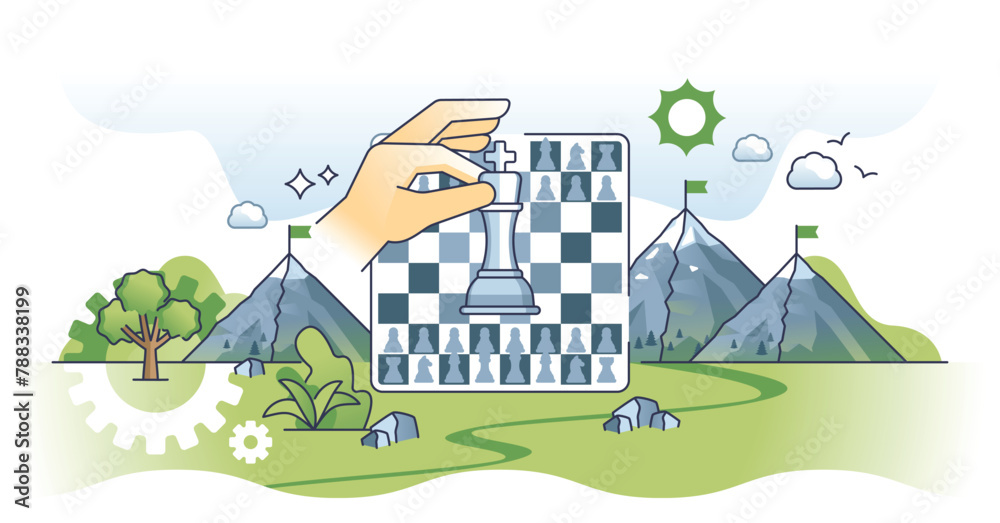 Leadership development and smart strategy planning outline hands concept. Effective game analysis to reach goal vector illustration. Achievement and success with strong vision management and target.