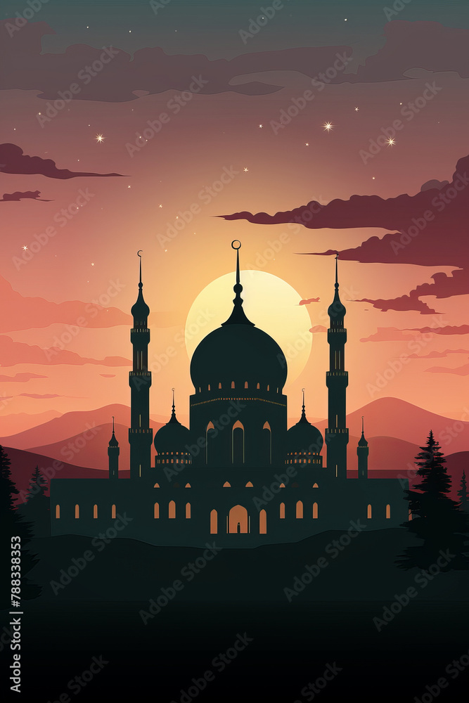 Mosque silhouette against a sunset sky, symbolizing Eid al-Adha's spiritual significance.