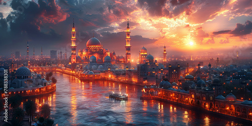 Islamic city skyline with mosque and minarets against a sunset sky. photo
