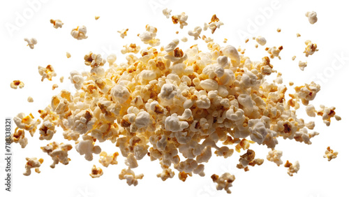 Levitating popcorn isolated in white background. Cut out popcorn