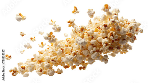 Levitating popcorn isolated in white background. Cut out popcorn