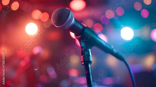 Close-Up of a Microphone on Stage With Colorful Bokeh Lights