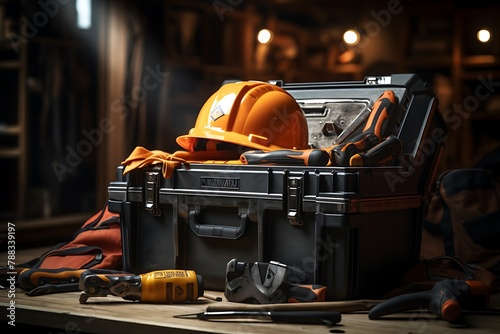 3d illustration of a toolbox full of construction tools on dark background photo