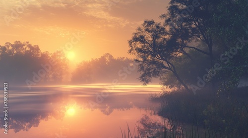 A serene landscape at dawn, with mist rolling over a tranquil lake, reflecting the soft hues of the rising sun.