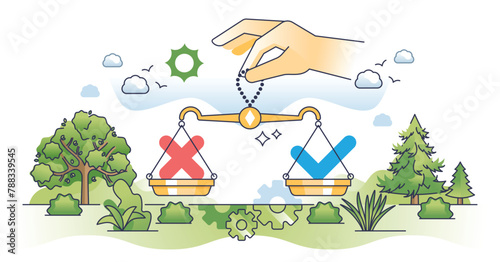 Decision making process with correct and wrong options outline hands concept. Choice from possible opportunities with right and incorrect solutions vector illustration. Scales balance measurement.